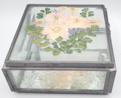 Spring Floral Jewlery Trinket Box Beveled Glass Mirrored Vtg Frosted Dried Flow.