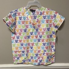 Cassandra O Scrub Top Sz S White W/ Multicolor Hearts NWT