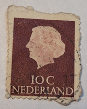 Netherlands Postage ~ Queen Juliana ~ Brown 10₵ Stamp ~ Posted ~1953 ~ F42