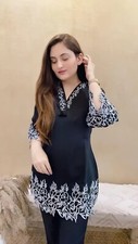 Women's Embroidered Tunic and Pants Set, Black with White Floral Design