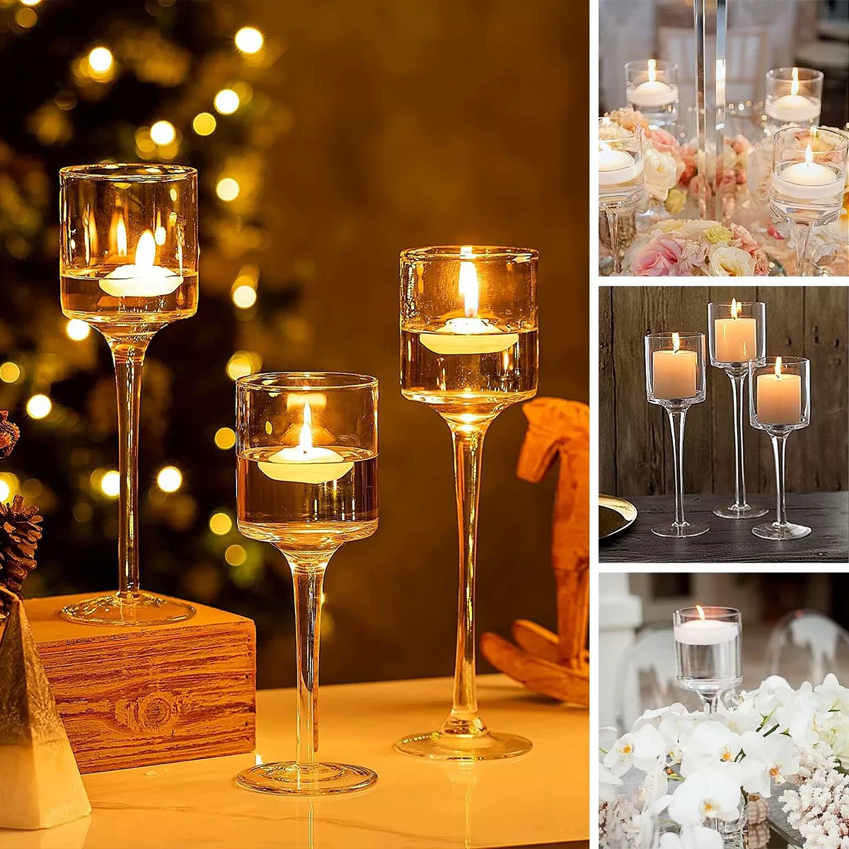 Luxury 3 Set Tall Glass Large Candle Holders Centrepiece Tea Light Wedding Décor