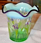 Fenton Art Glass Designer Showcase Flip Vase Opalescent Optic Green Hand Painted