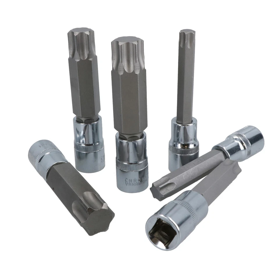 6pc 1/2" Drive T55-T100 Star Torx Socket Bit Set Ratchet Torque 100mm Long TE283 - Image 4 of 4