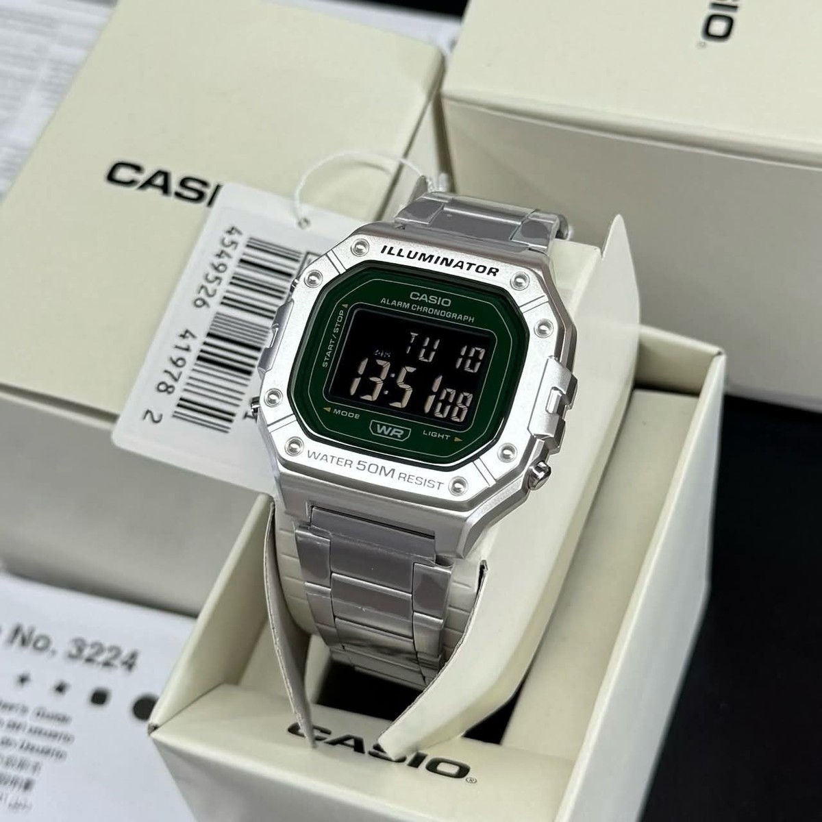 Casio W-218HD-3AV NEW Model Green Dial Digital Watch Steel Strap