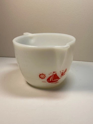 Vintage Mckee 2 Cup White Milk Glass Measuring Pitcher “Red Sail Boat”