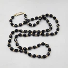 Vintage Faceted Black Glass Necklace Gold tone Estate Costume Jewelry 24 in