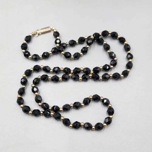 Vintage Faceted Black Glass Necklace Gold tone Estate Costume Jewelry 24 in