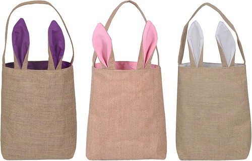 KEFAN 3 Pack Easter Bunny Bags Baskets Jute Burlap Ear...