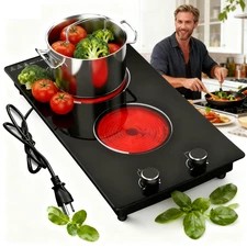 2 Burner Electric Ceramic Cooktop 12'' Plug in Countertop w/ Knob Control 2100W