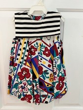 Vintage Toddler Dress Stripe black and white Collar Abstract Floral 90  s. 2-3T