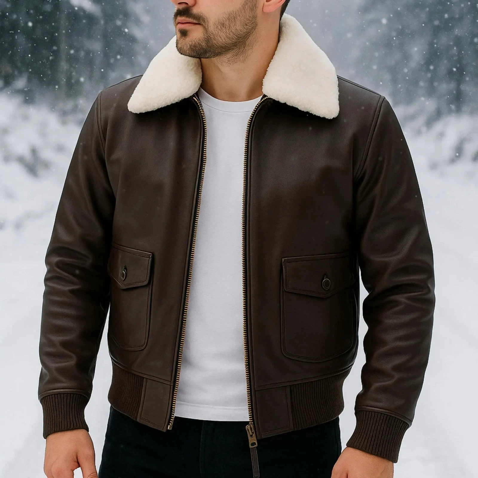 Men’s Dark Brown Leather Bomber Jacket with Shearling Fur Collar Premium Style