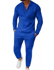Mens Track Suits 2 Piece Long Sleeve Zip Polo Shirts Sweatpants Textured At...