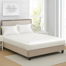 Ivory White King Size Silk Satin Fitted Bottom Sheet Deep Pocket Wrinkle Free