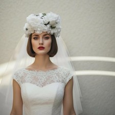Vintage 1950s White/Ivory Double Wedding Veil Pillbox All Silk Roses Tulle EUC