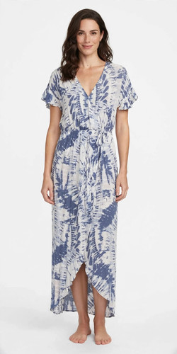 GiGiO USA Blue/White Tie Dye V-Neck Short Sleeve Wrap Maxi Tie Dress Size S