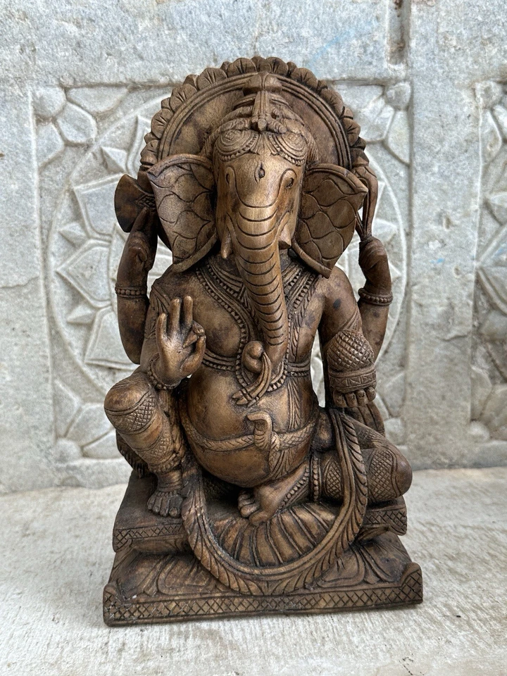 Antigua escultura de madera tallada a mano del dios hindú Ganesha fina Foto 2 de 4