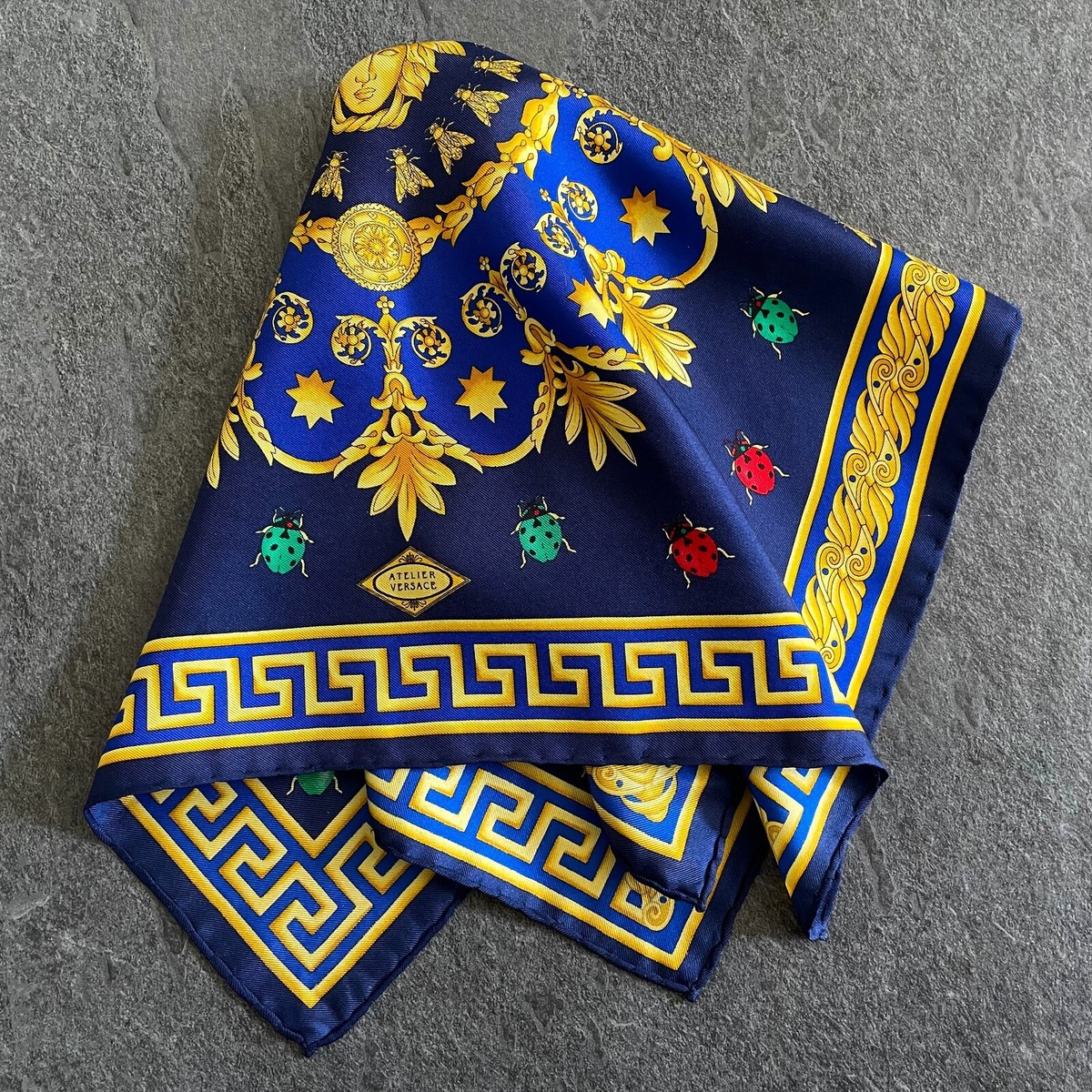 GIANNI VERSACE blue silk neck scarf Baroque Fly Ladybug Medusa