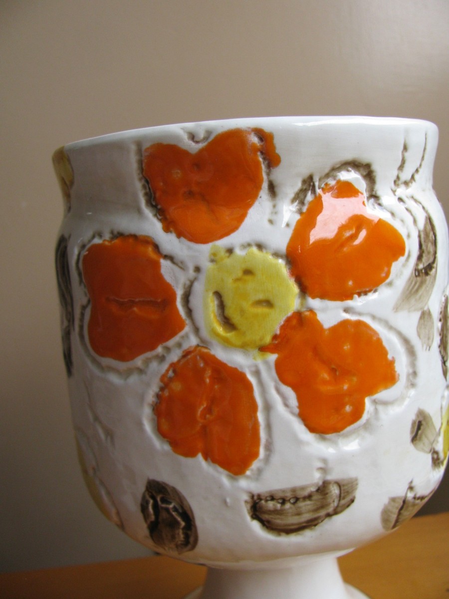 Vintage Embossed Flower Power Smiley Face Pottery Planter