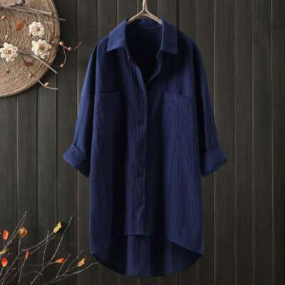 Plus Size Women Cotton Linen Shirt Dress Casual Baggy Tunic Long Blouse Tops Tee