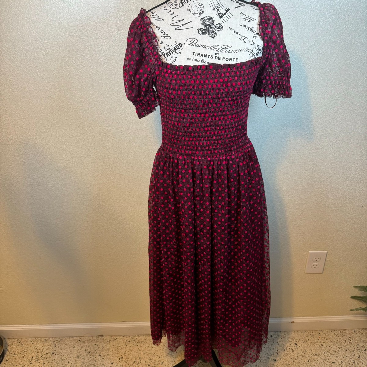 ■REBECCA VALLANCE■ポルカドット シャーリング ミディドレス Rebecca Vallance Midnight Kiss Flocked Burgundy Polka Dot