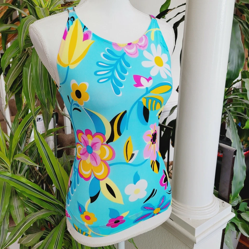 Camiseta sin mangas vintage My Paris retro floral azul colores llamativos hecha en Francia mediana Foto 2 de 4