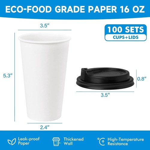RACETOP 16 oz 100 Pack Disposable Paper Coffee Cups with Lids, Paper Cups - Picture 7 of 7
