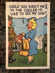 WWII HUMOROUS POSTCARD MOTHER HELPS SON BOOT CAMP UNIFORM WORLD WAR 2