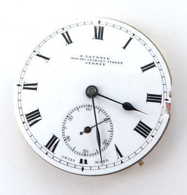 c1900 A Saunder, Sydney Small Pocket Watch Movement & Dial