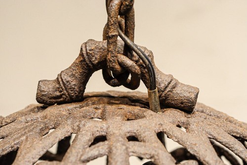 Japanese Iron hanging lantern TORO Sparrow & Bamboo SUKASHI TAISHO w10.4" *62 - Picture 15 of 24