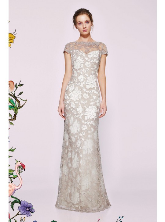 Tadashi Shoji Jacky Illusion Embroidered Lace Pumice Latte Dress