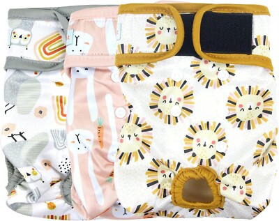 Langsprit 3 Pack Female Dog Washable Reuseable Pet Diaper, Rabbit/Owl/Lion, S