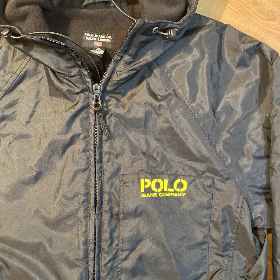 Chaqueta con Capucha Ralph Lauren Vintage Años 90 Polo Jeans Para Hombre Mediana Negra Cortavientos Foto 3 de 4