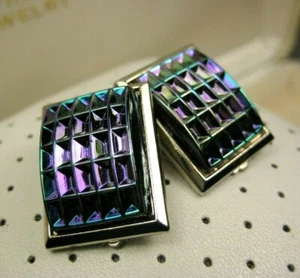 Vintage Signed Jody Lee Gold Tone Abstract Rainbow Rectangle Clip On Earrings
