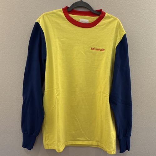 Aimé Leon Dore Men's Colorblock Logo Knit Cotton Long Sleeve Crew Tee Size M