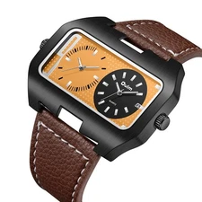 Oulm Dual Time Zone Rectangular Large Dial Quartz Watch Leather Strap Rectangle