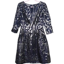 OSCAR DE LA RENTA Split Neck Brocade A-Line Cocktail Dress Metallic Navy Size 6