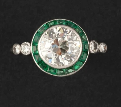 Vintage Art-Déco Verlobungsring Lab Diamond Synthetisch Smaragd Halo 14K FN - Bild 1 von 4