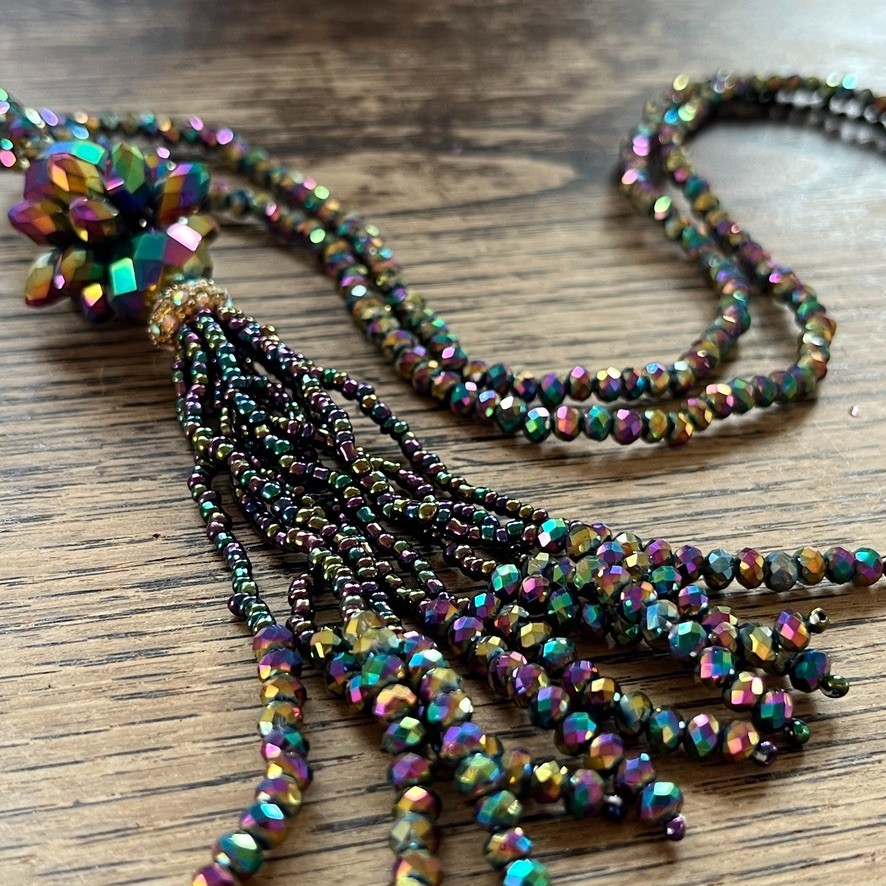 Long Peacock Glass Bead Tassel Necklace Faceted Crystal Statement 28”