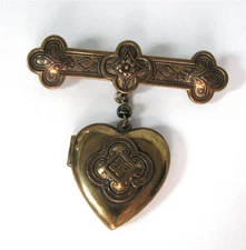 Vintage Piddidly Links Victorian Revival Heart Locket Dangle On Bar Brooch Pin