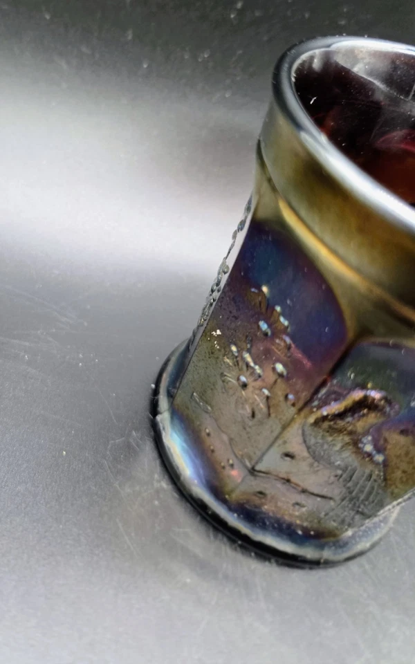 Antique Northwood Carnival Glass Singing Birds Amethyst Purple Mug Iridescent - Image 3 of 4