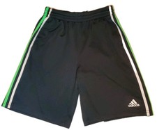 adidas Boys Athletic Shorts Black Green Striped Drawstring Breathable L 14/16