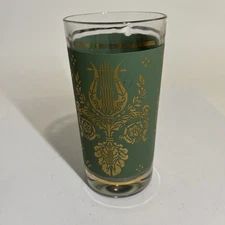 Jeanette Glass Co Laurel & Lyre. Single glass. Vtg Green & Gold drinking glass 