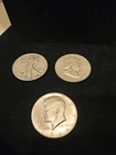 Three U.S. Silver Half Dollars 1947 Walking Liberty 1963D Franklin 1964D Kennedy