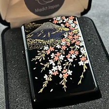Zippo Mt. Fuji Sakura Makie Lacquer Gold Inside Unit Black Lighter Velor Japan