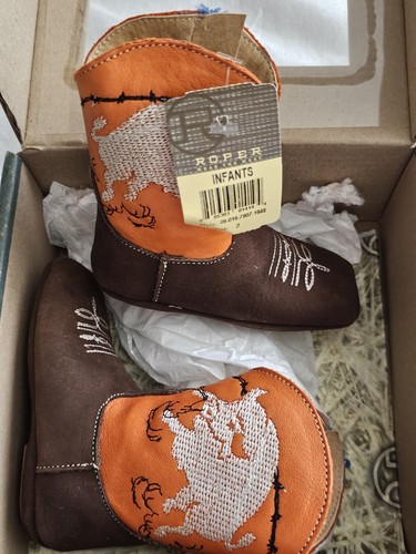 Roper Cowbaby Embroidery Square Toe Cowboy Infant Brown Casual Boots Size 2 Bull - Picture 4 of 7