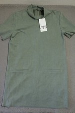 Zara Mini Dress Womens Medium Sage Pockets Short Sleeve Mock Neck Keyhole Back