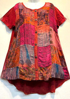 Nwt FUNKY STUFF hippy gypsy boho patch acid washed cottn TOP TUNIC L Free shipp