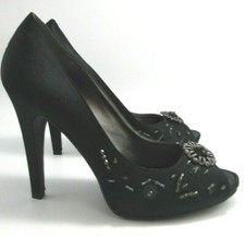 Nine West Black Satin Eyelight Open-Toe Pump Scattered Beads accent 4.5" heel