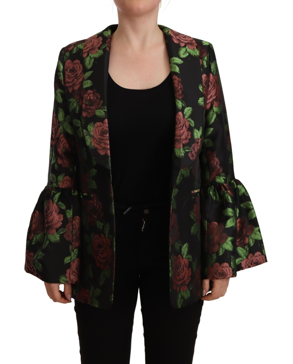 WEILI ZHENG Jacket Black Floral Jacquard Maxi Bell Sleeves IT42