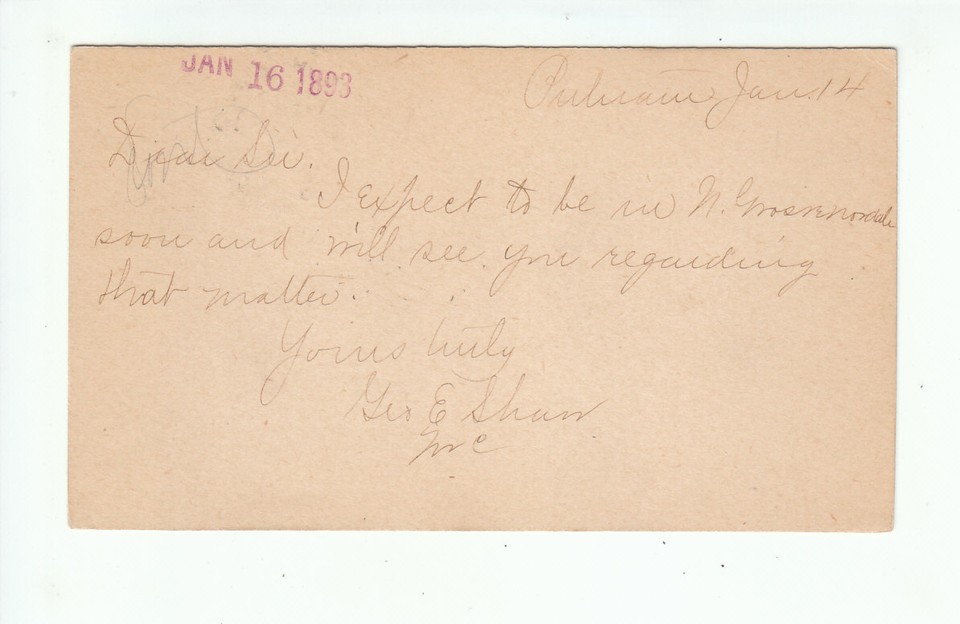 United States Postal Card Putnam Connecticut 1893 Messenger North